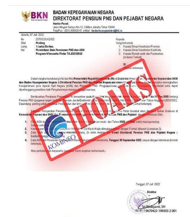 [HOAKS] Surat Permintaan Data Pensiunan PNS dan ASN Terkait Program Wirausaha Pintar Mengatasnamakan BKN