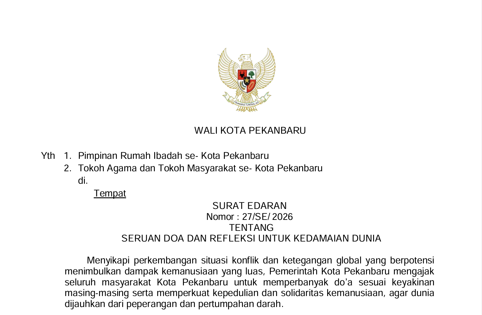SURAT EDARAN  TENTANG  SERUAN DOA DAN REFLEKSI UNTUK KEDAMAIAN DUNIA