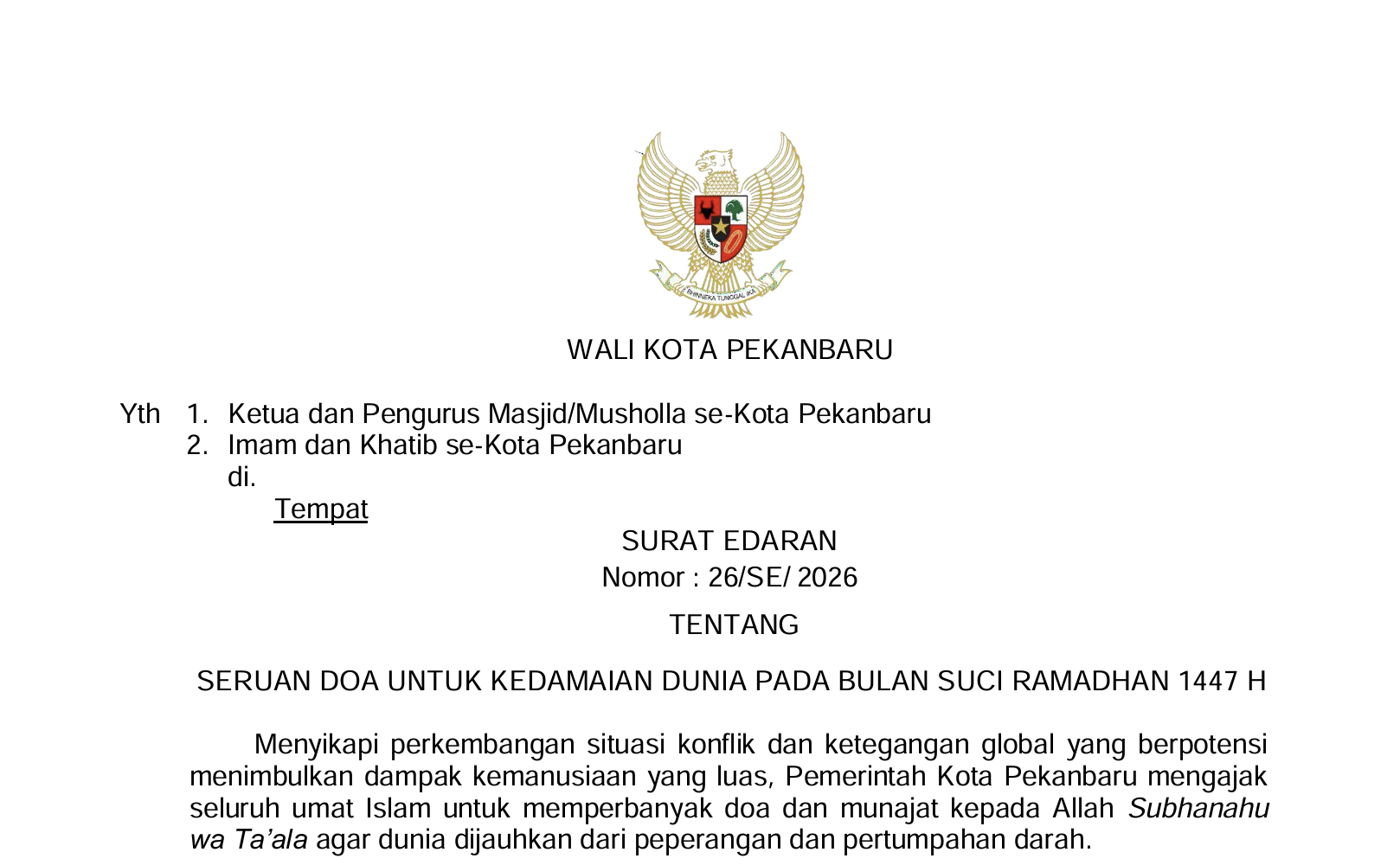 SURAT EDARAN TENTANG  SERUAN DOA UNTUK KEDAMAIAN DUNIA PADA BULAN SUCI RAMADHAN 1447 H