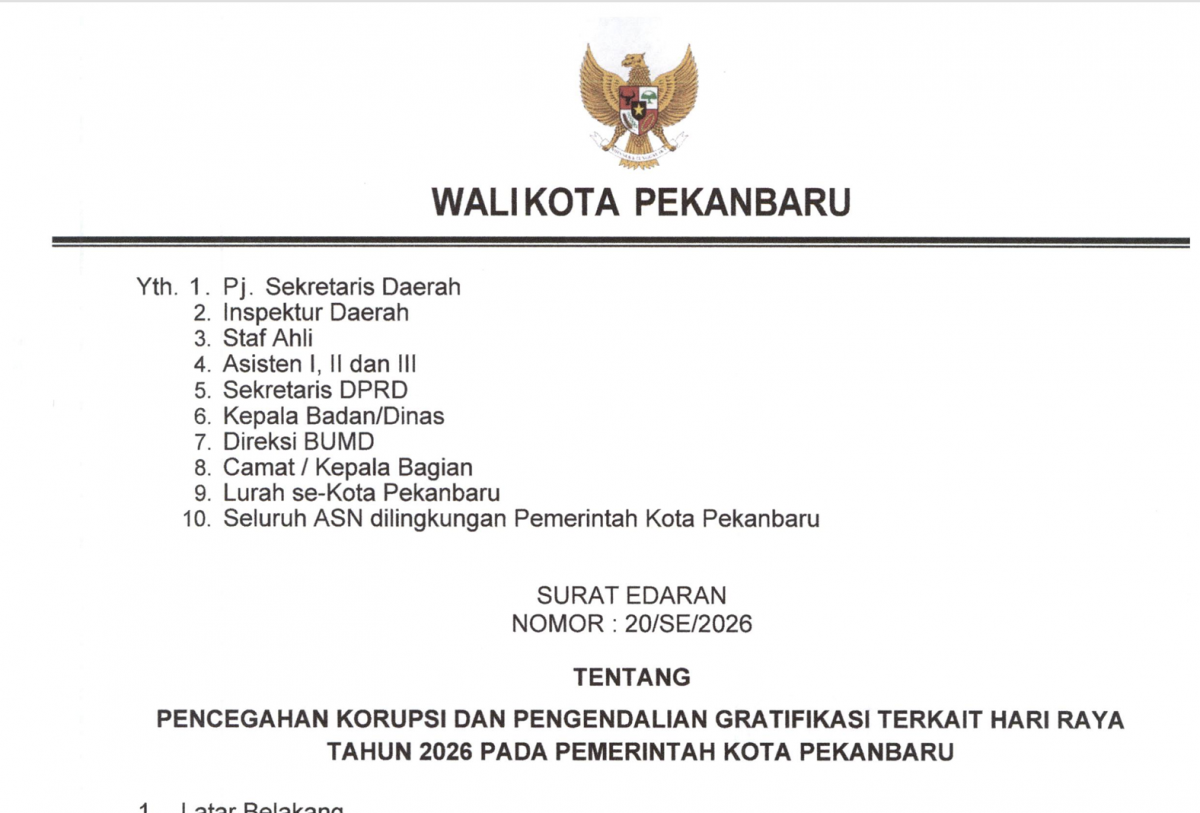 SURAT EDARAN TENTANG PENCEGAHAN KORUPSI DAN PENGENDALIAN GRATIFIKASI TERKAIT HARI RAYA TAHUN 2026 PADA PEMERINTAH KOTA PEKANBARU